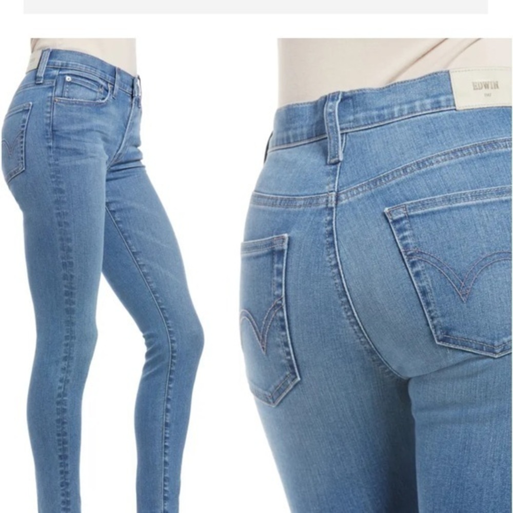 EDWIN 1947 Woman’s Medium to Light Wash HIgh Rise Skinny Raw Hem Jean Sz 24